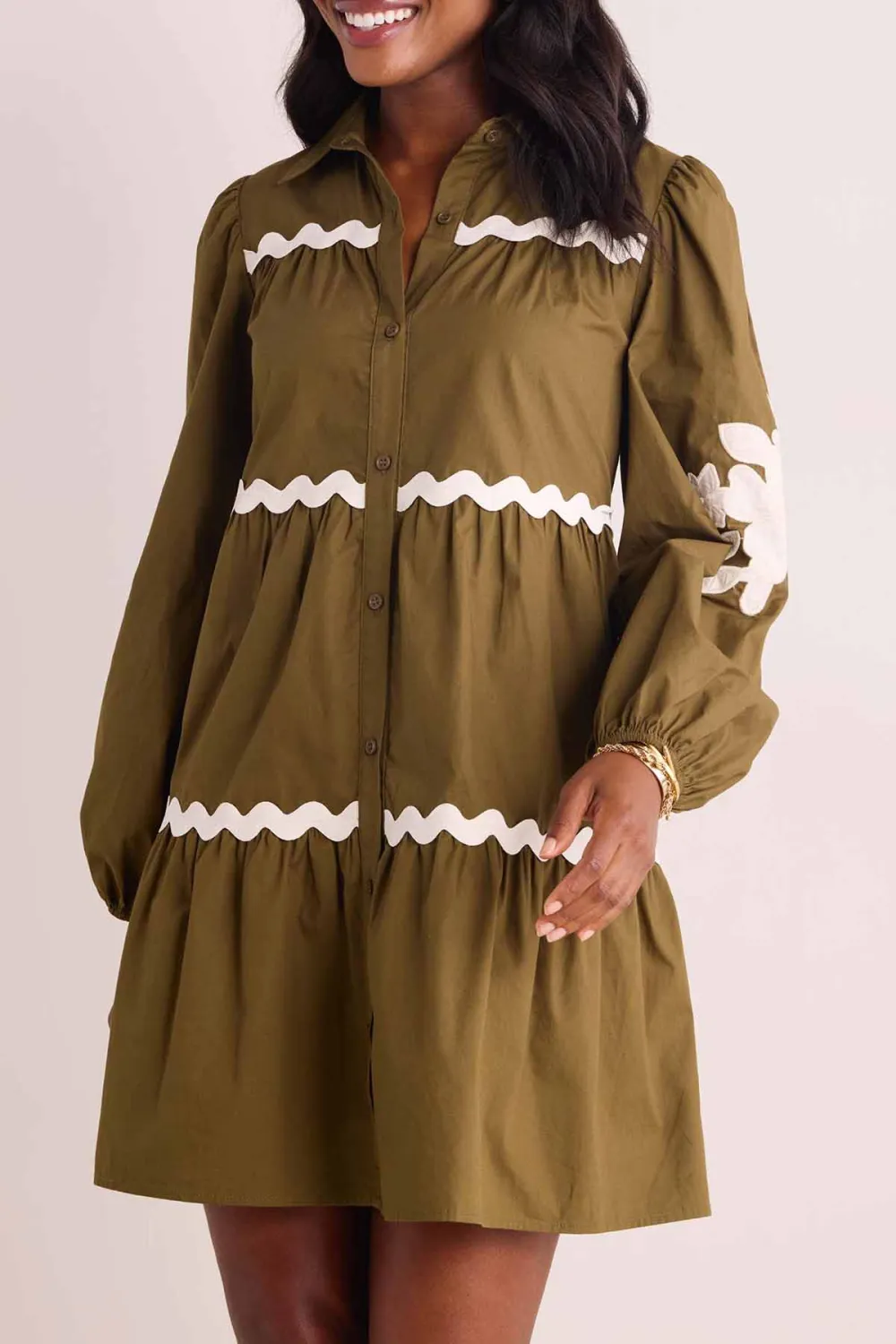 Olive Green Scallop Trim Long Sleeve Tiered Dress