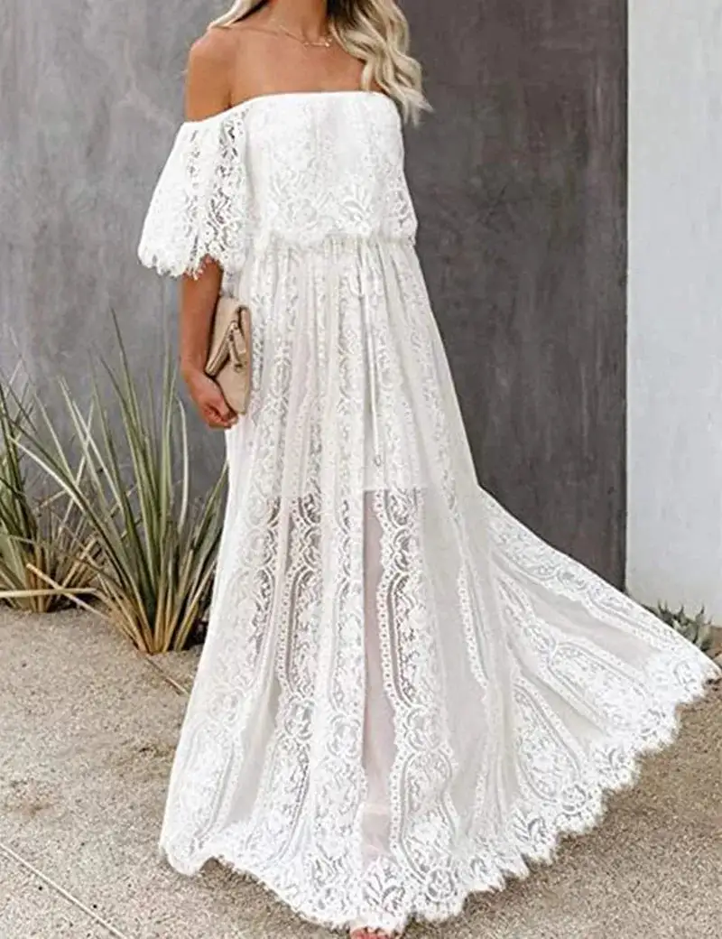 Majestic White Lace Off Shoulder Boho Dress