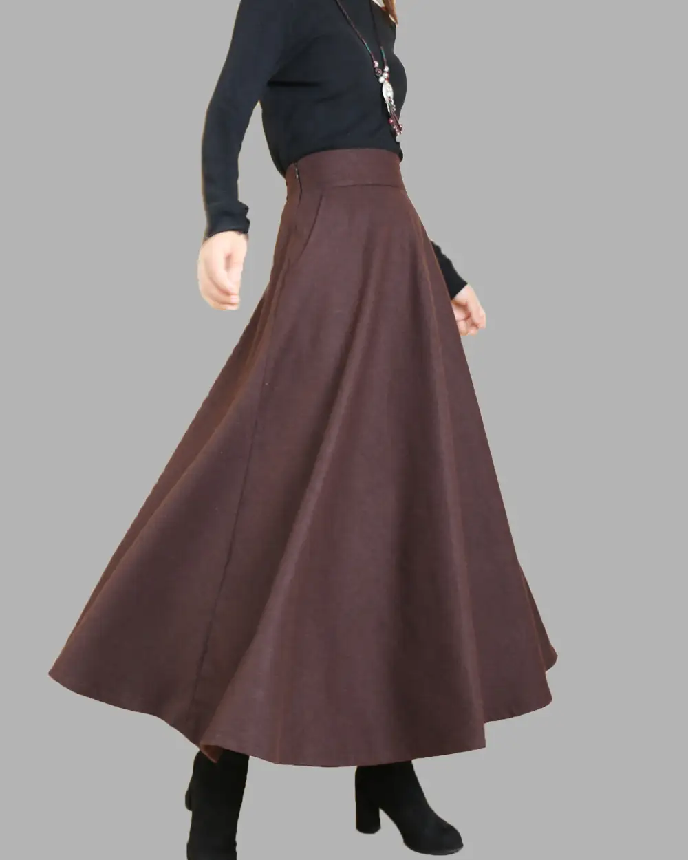 Airy Pocketed Wool Flared Maxi Skirt