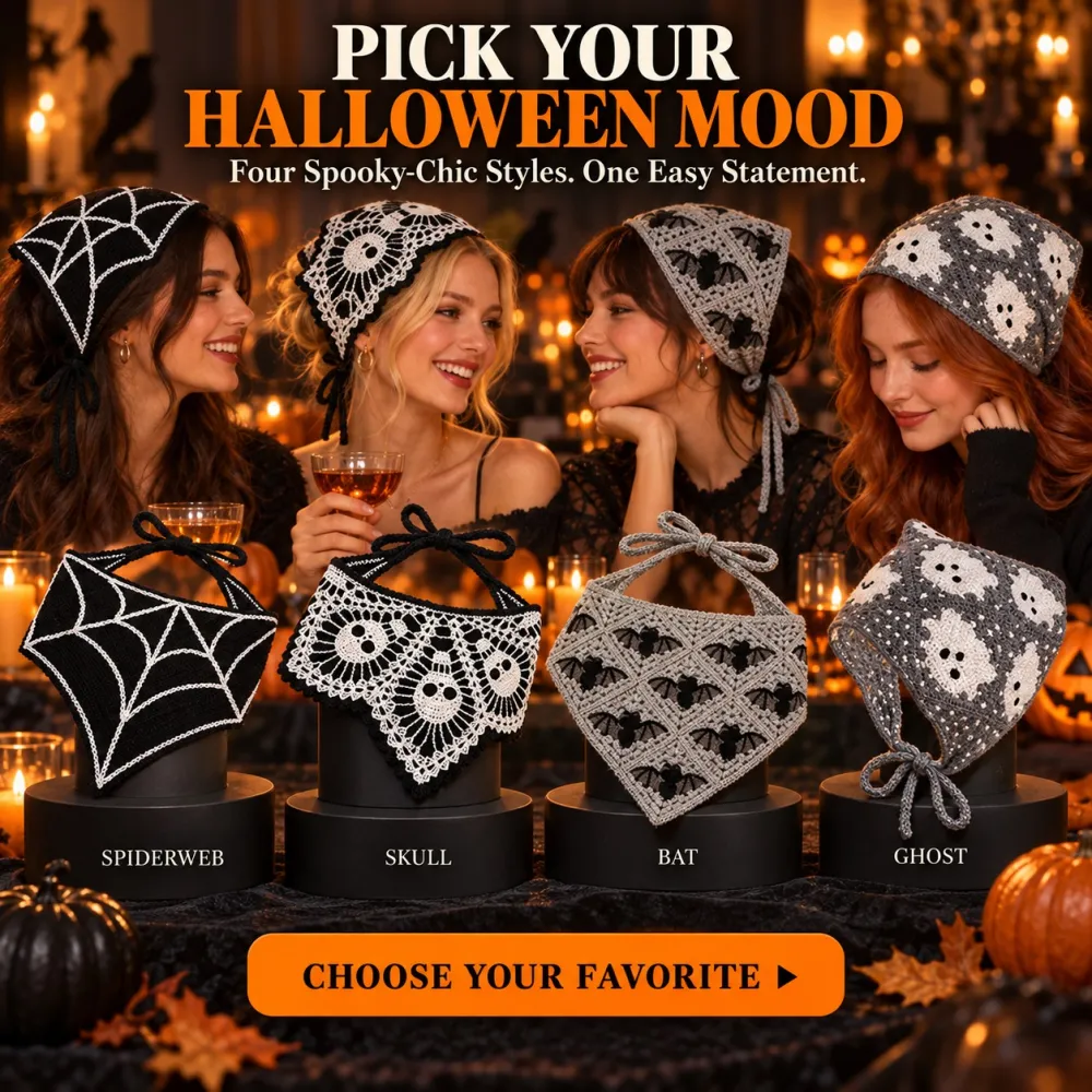 Women's Halloween Polyester Triangle Bandana - Crochet Boho Bandana with Ghost/Bat/Web Pattern, Triangle Shape