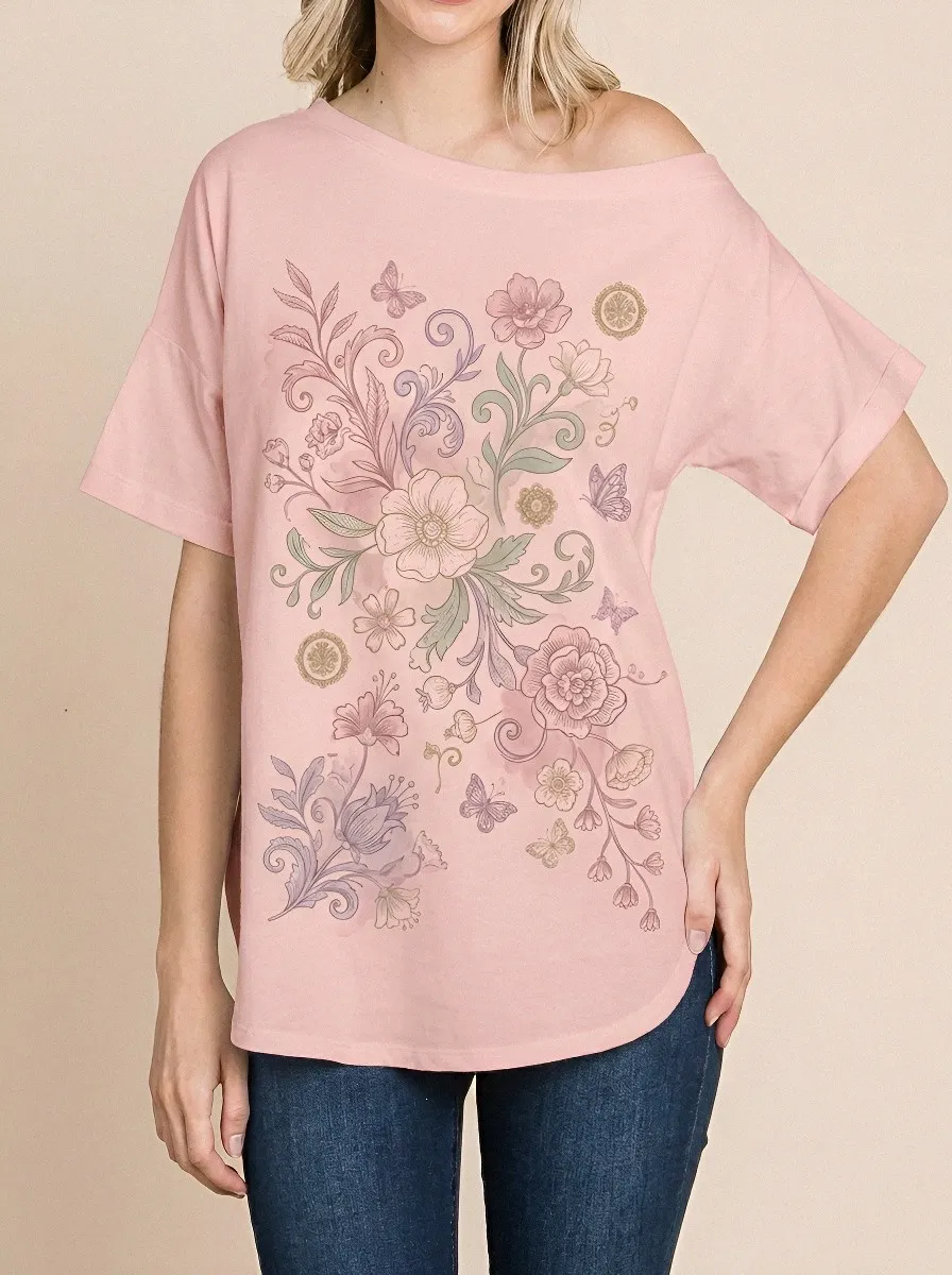 Women's Floral Butterfly Botanical Art Printed T-shirt