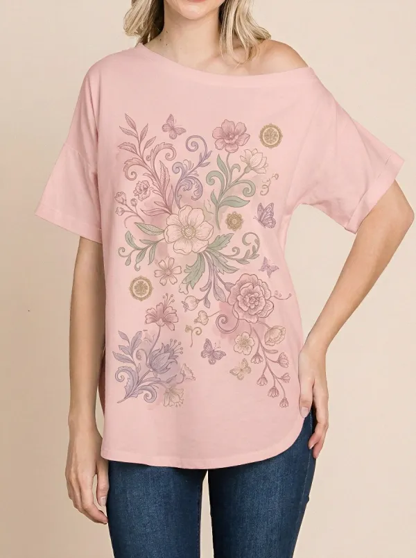 Women's Floral Butterfly Botanical Art Printed T-shirt
