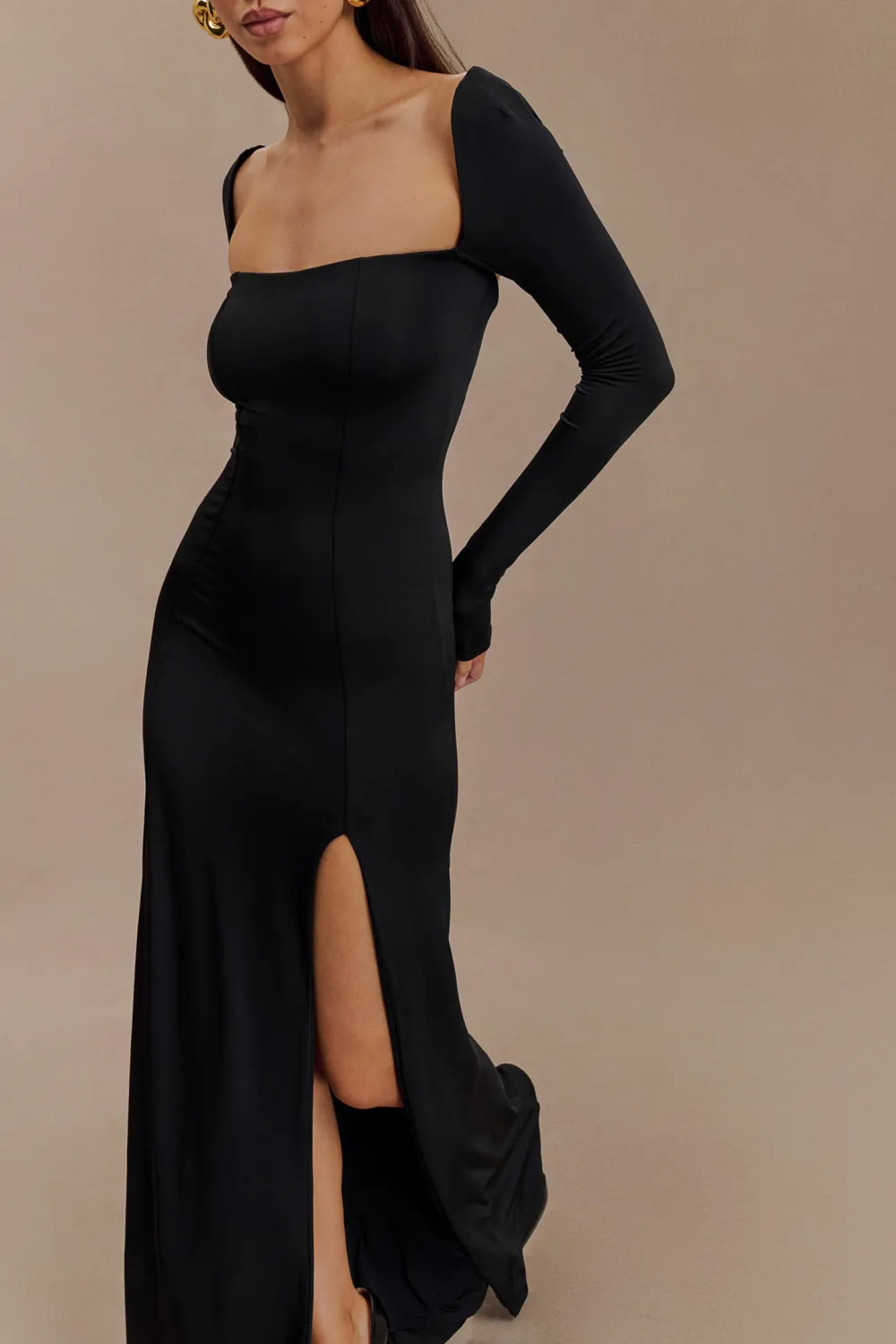 Slinky Long Sleeve Maxi Dress With Split