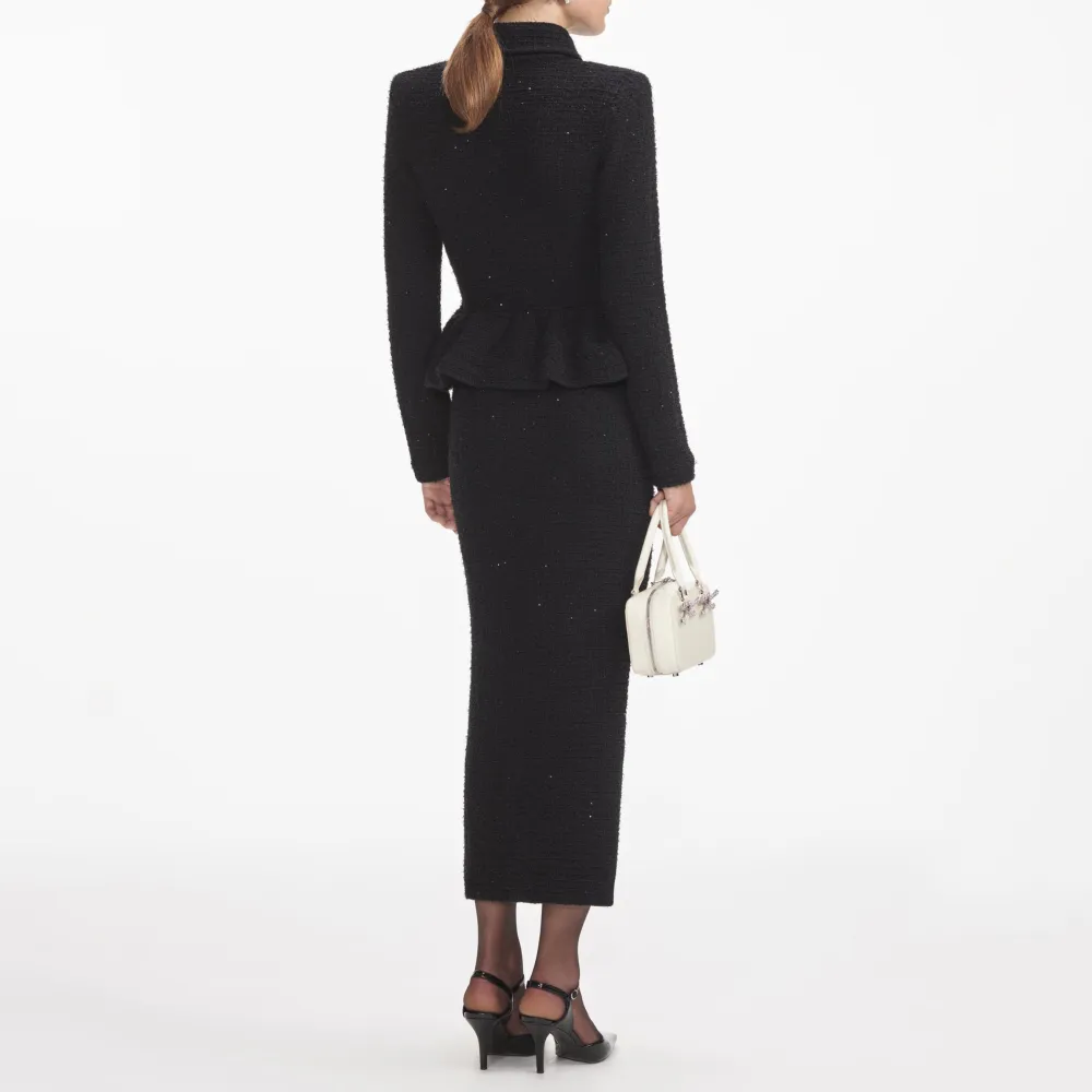 Black Textured Knit Peplum Midi Dress
