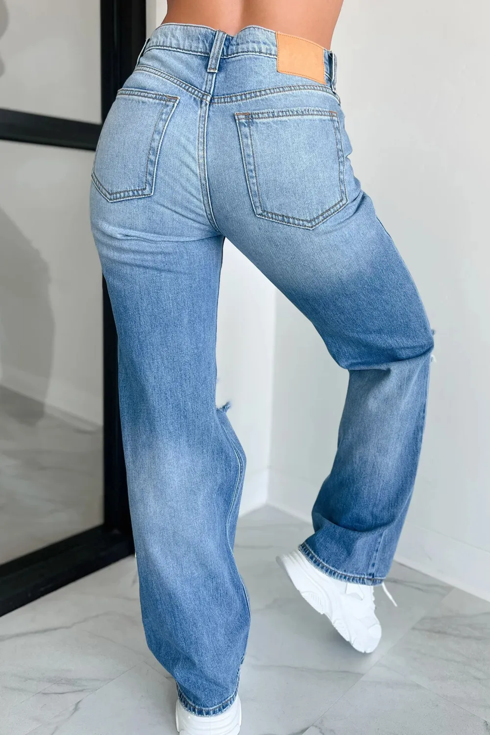 Mid-Rise Distressed Sneak Peek Straight Leg Jeans