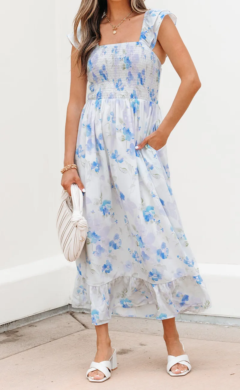 Sky Floral Smocked High Waist Double Ruffle Sleeveless Long Dress