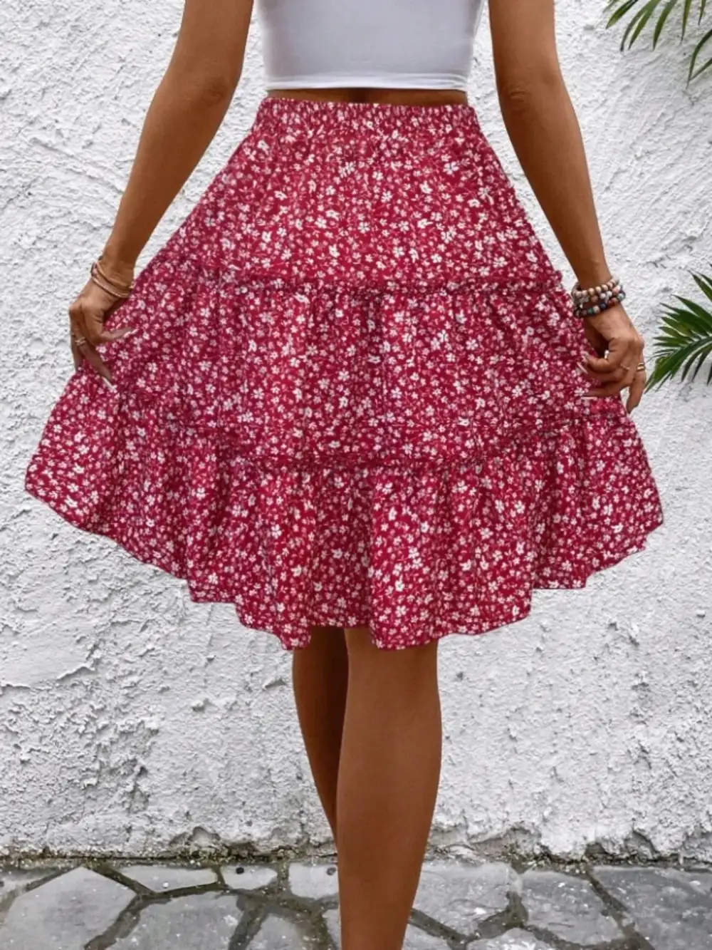 Textured Ruffle Trim Printed Silhouette Skirt