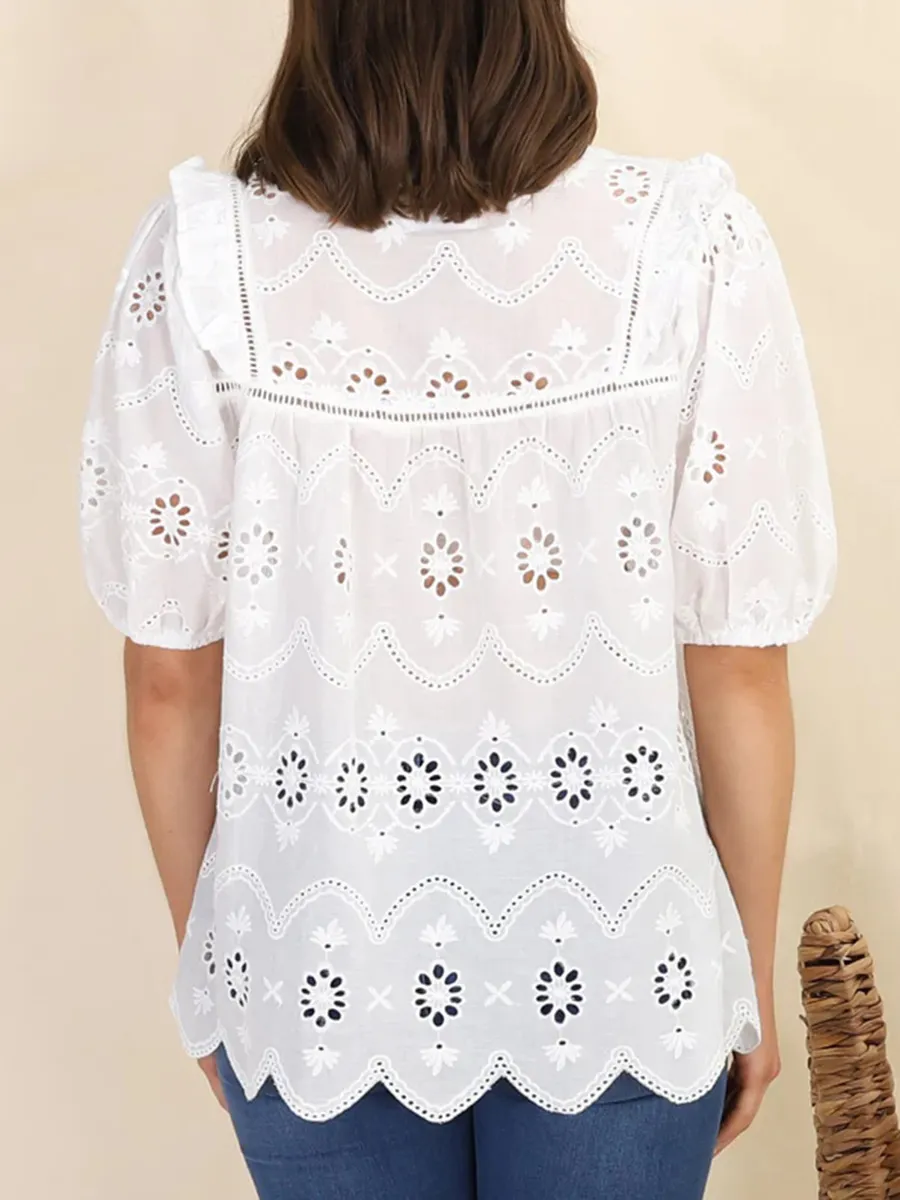 Short sleeve Bohemian embroidered cut-out blouse