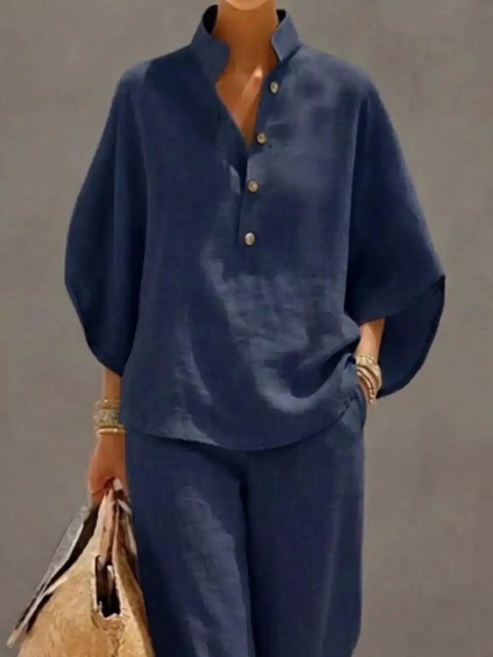 Button Detail Sleeve Top and Pants Set