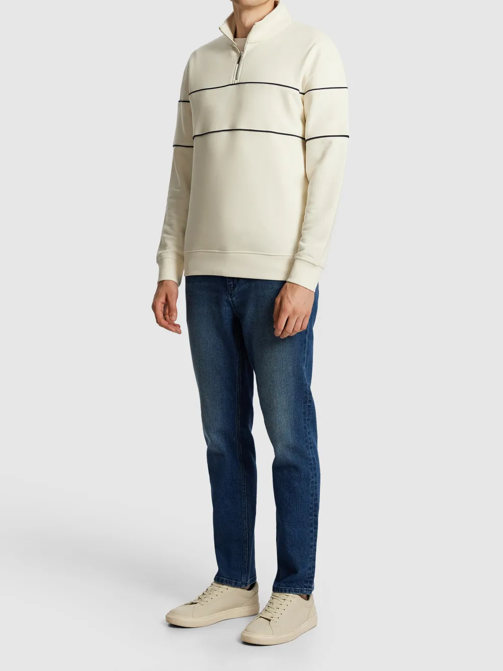 Off White Quarter Zip Striped Sweatshirt