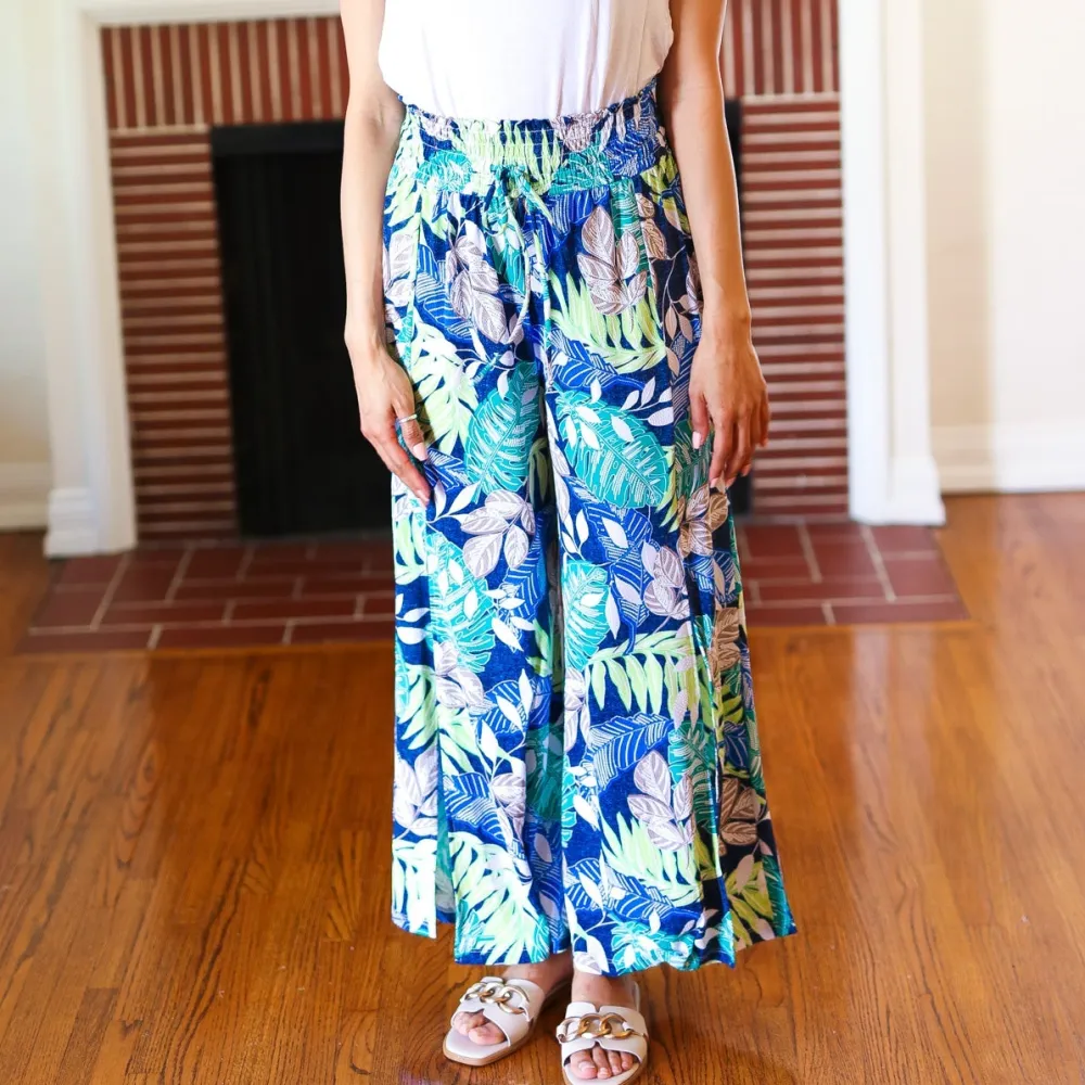 Tropical Boho Smocked Waist Side Slit Palazzo Pants