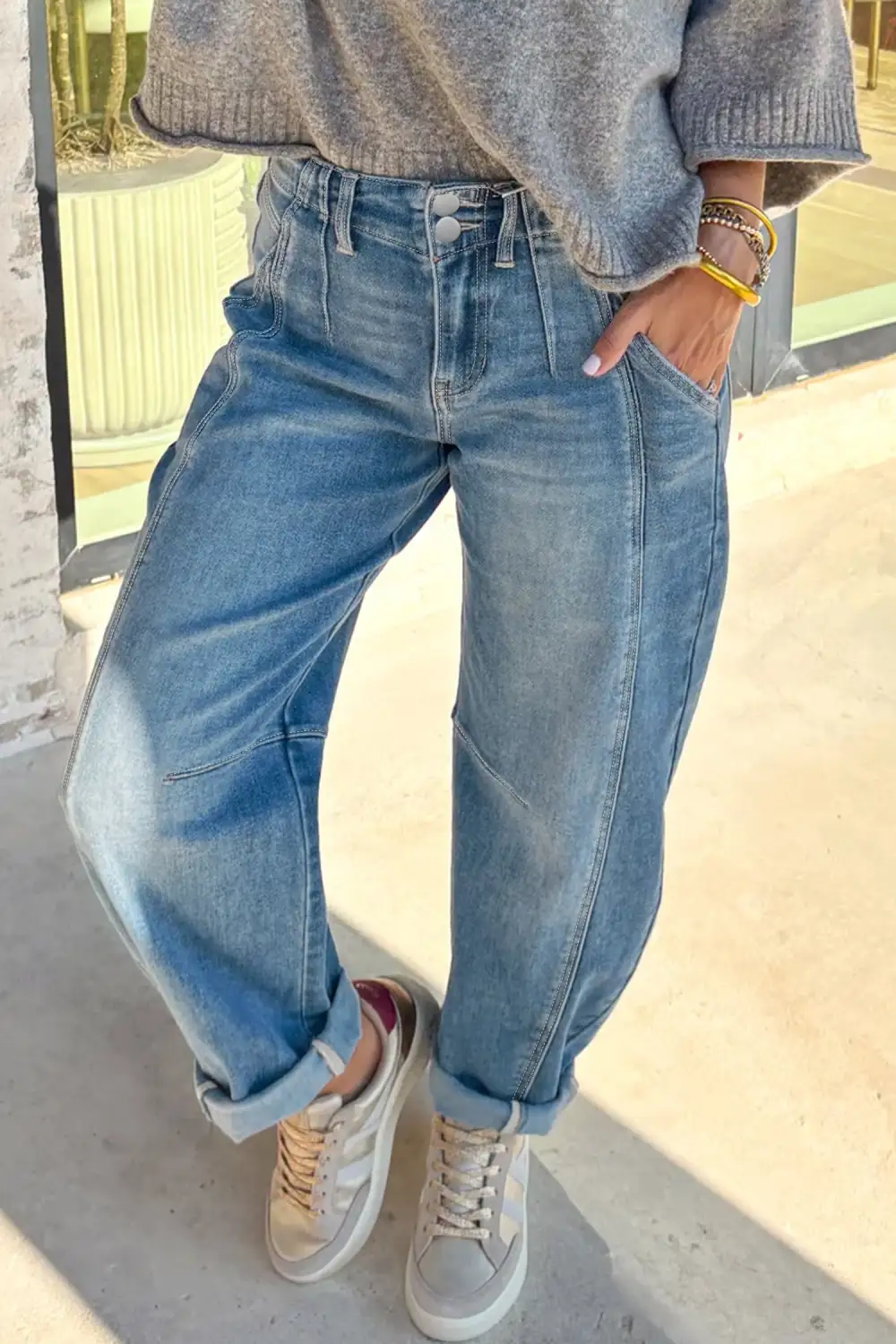 Medium Wash Cuffed Barrel Jeans