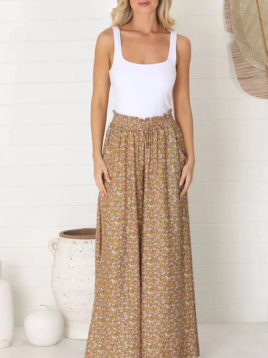 Boho high-waisted floral print trousers