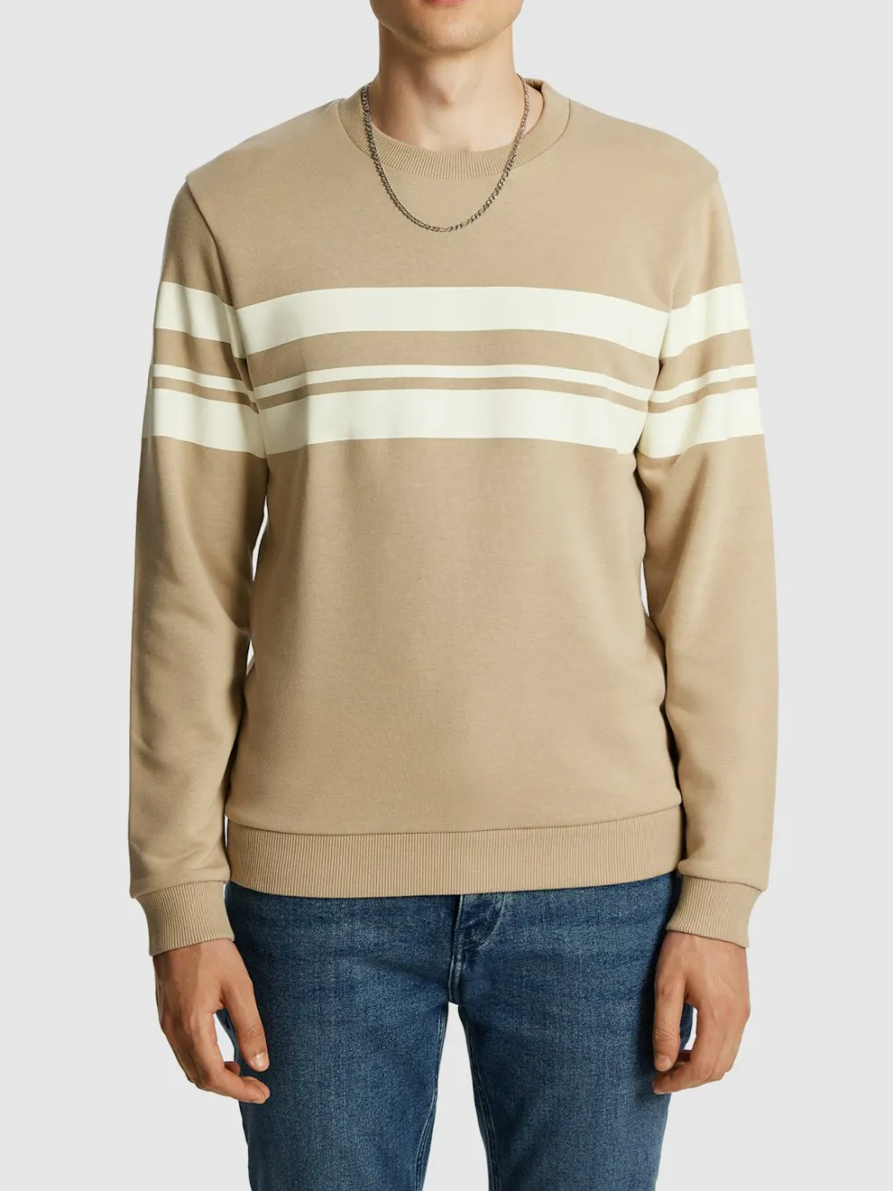 Tan Crew Neck Striped Sweatshirt