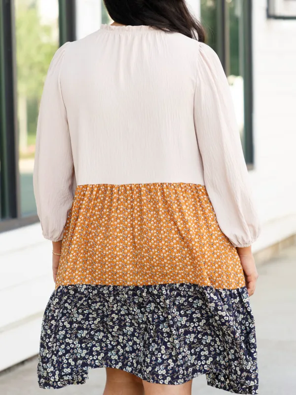 Patchwork Contrasting Floral Pattern Printed Loose Fitting Dress