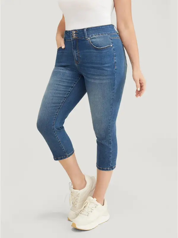 Very Stretchy High Rise Medium Wash Cropped Jeans