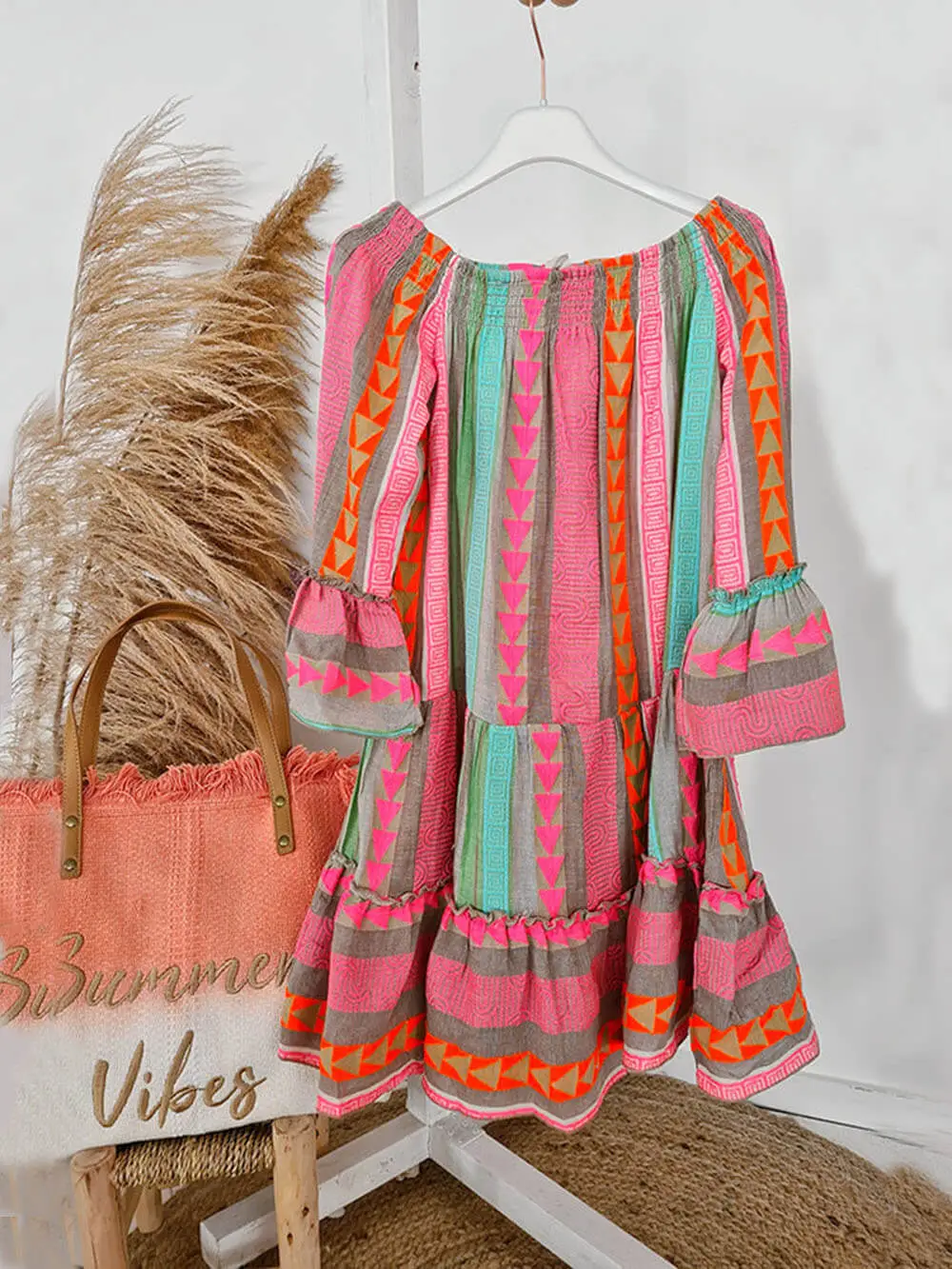 Linen Blend Ethnic Print Off Mini Dress
