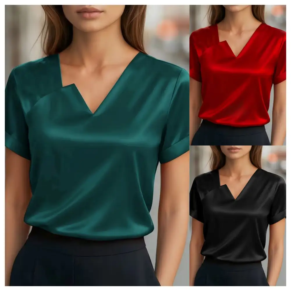 Asymmetric Satin V-Neck Shirt