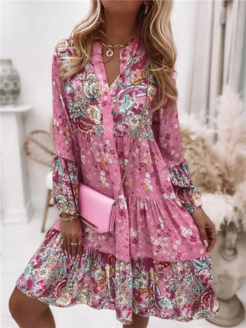 Floral Ruffle Smocked Print V Neck Casual Flare Mini Dress