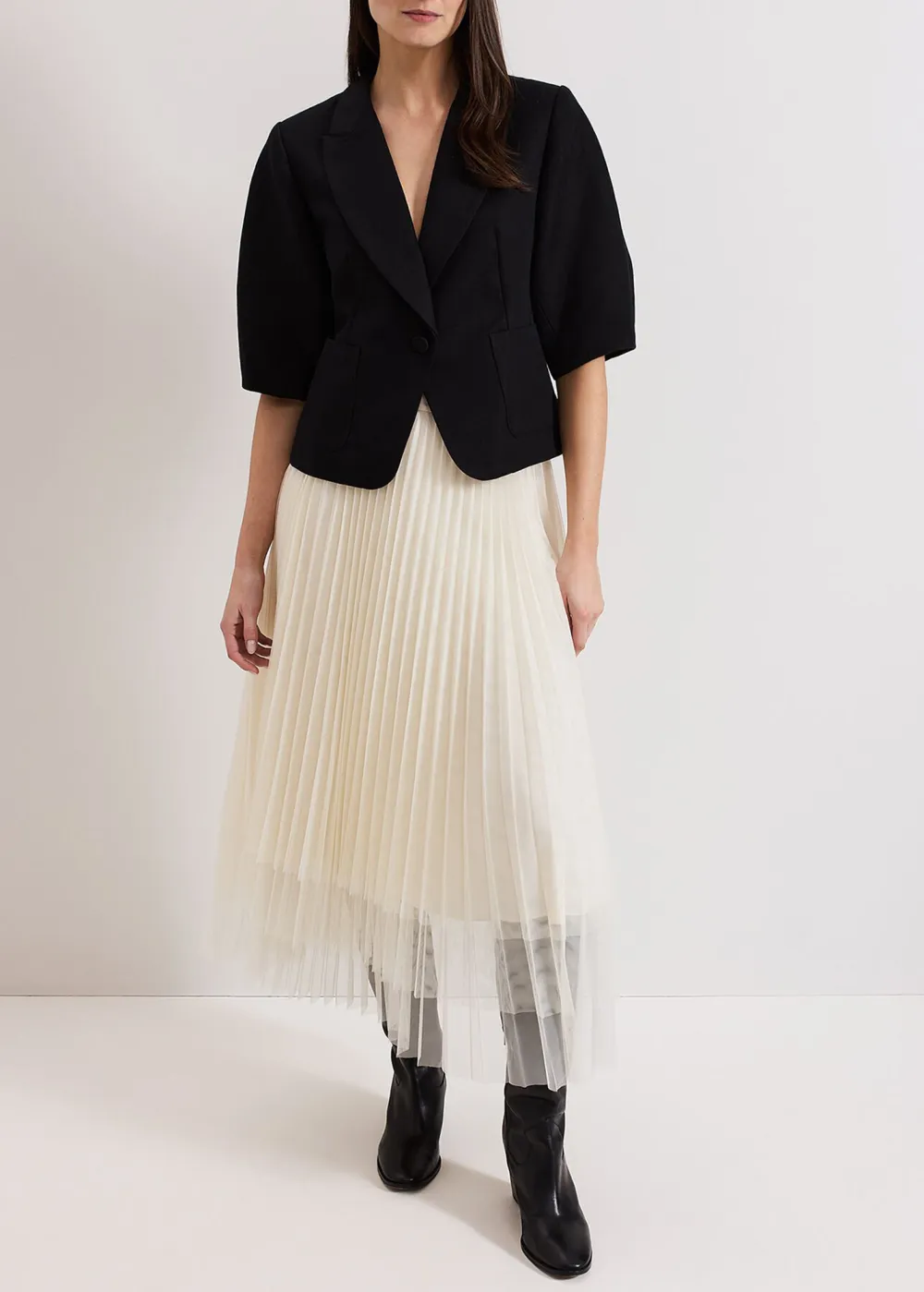 Solid-Color Pleated Net Skirt