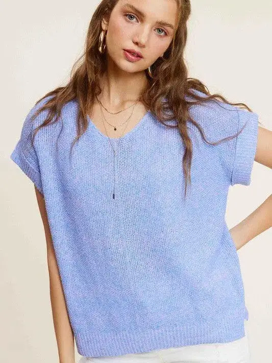 Classy and Fabulous Soft V-Neck Short Sleeve Sweater Top