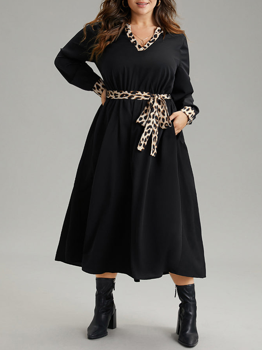 Elegant senior waist waist leopard belt dress MIDI