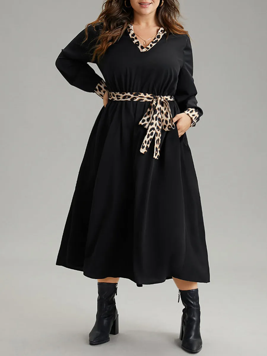 Elegant Senior Waist Waist Leopard Belt Dress Midi