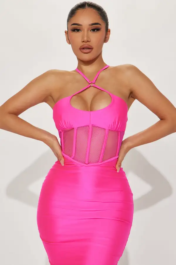 Yellow Siren Midi Dress - Neon Pink