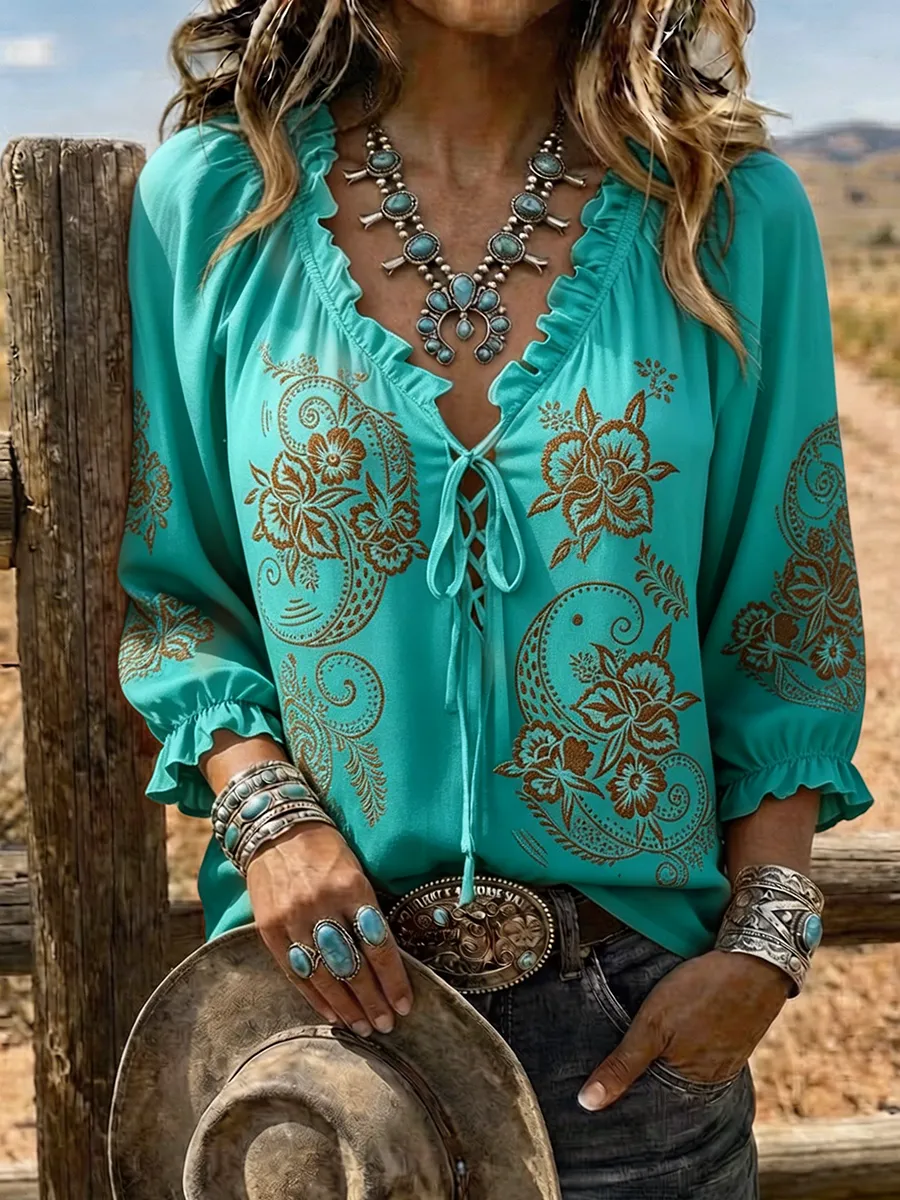Women's Western Ombre Paisley Lace-Up Western Blouse