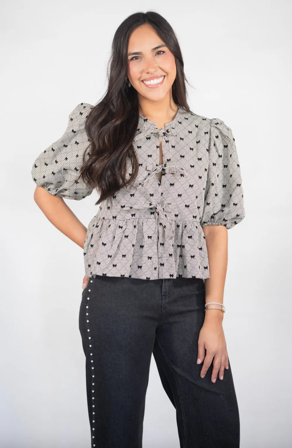 Stop And Stare Bow Patterned Tie Blouse