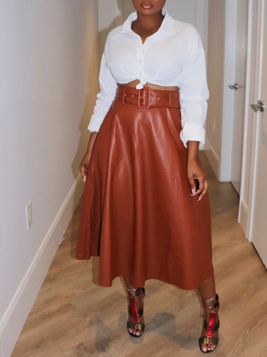 Solid Leather Jacket Half Skirt Set