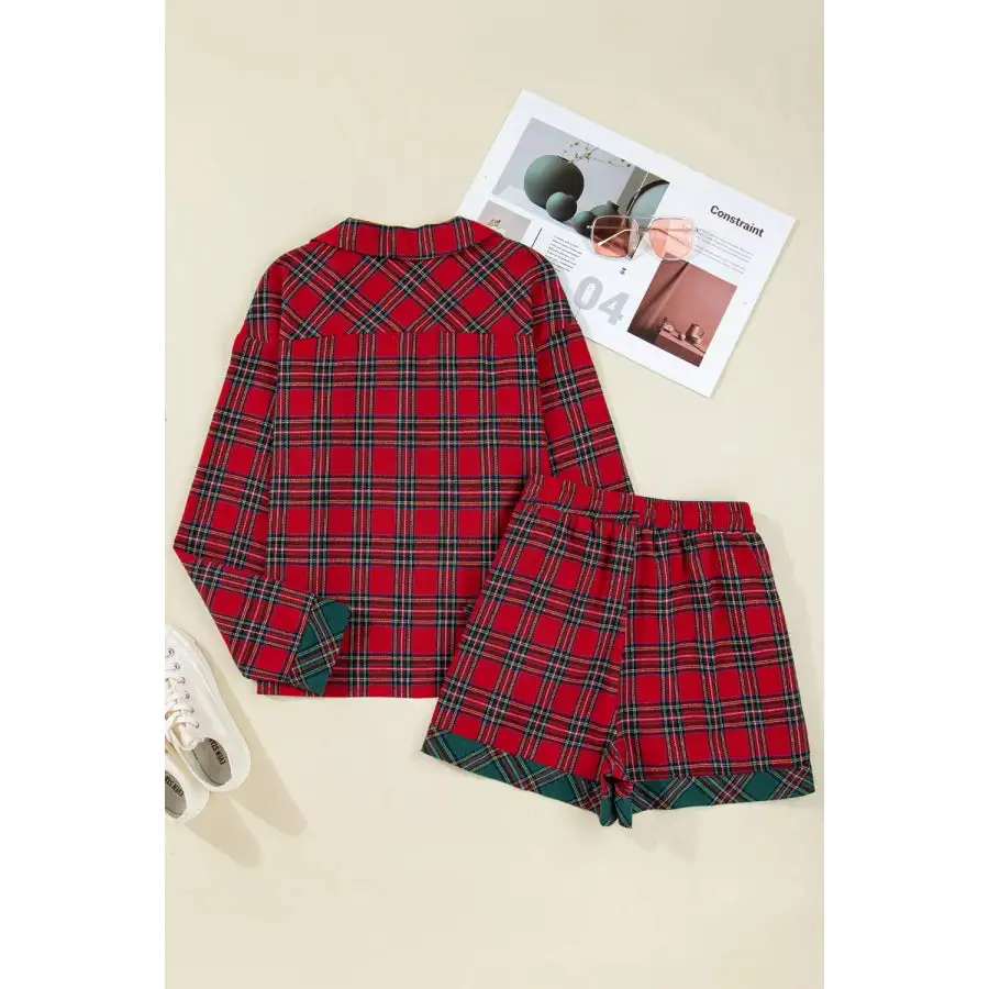 Plaid Contrast Patched Christmas Holiday Long Sleeve Shirt and Short Pcs Pajama Set