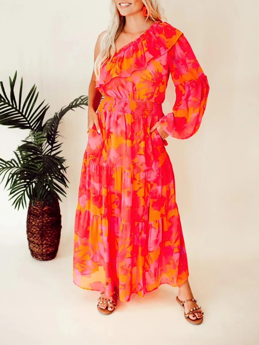 Rose Orange Flower Single Shoulder Long Dress