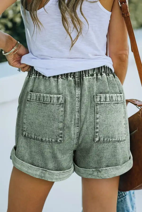 Pocketed Drawstring High Waist Denim Shorts