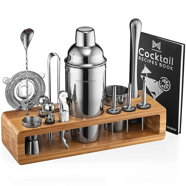 Cocktail Shaker Premium Set Stainless Steel 23-Piece Set with Big Wooden Frame Bar Cocktail Shaker