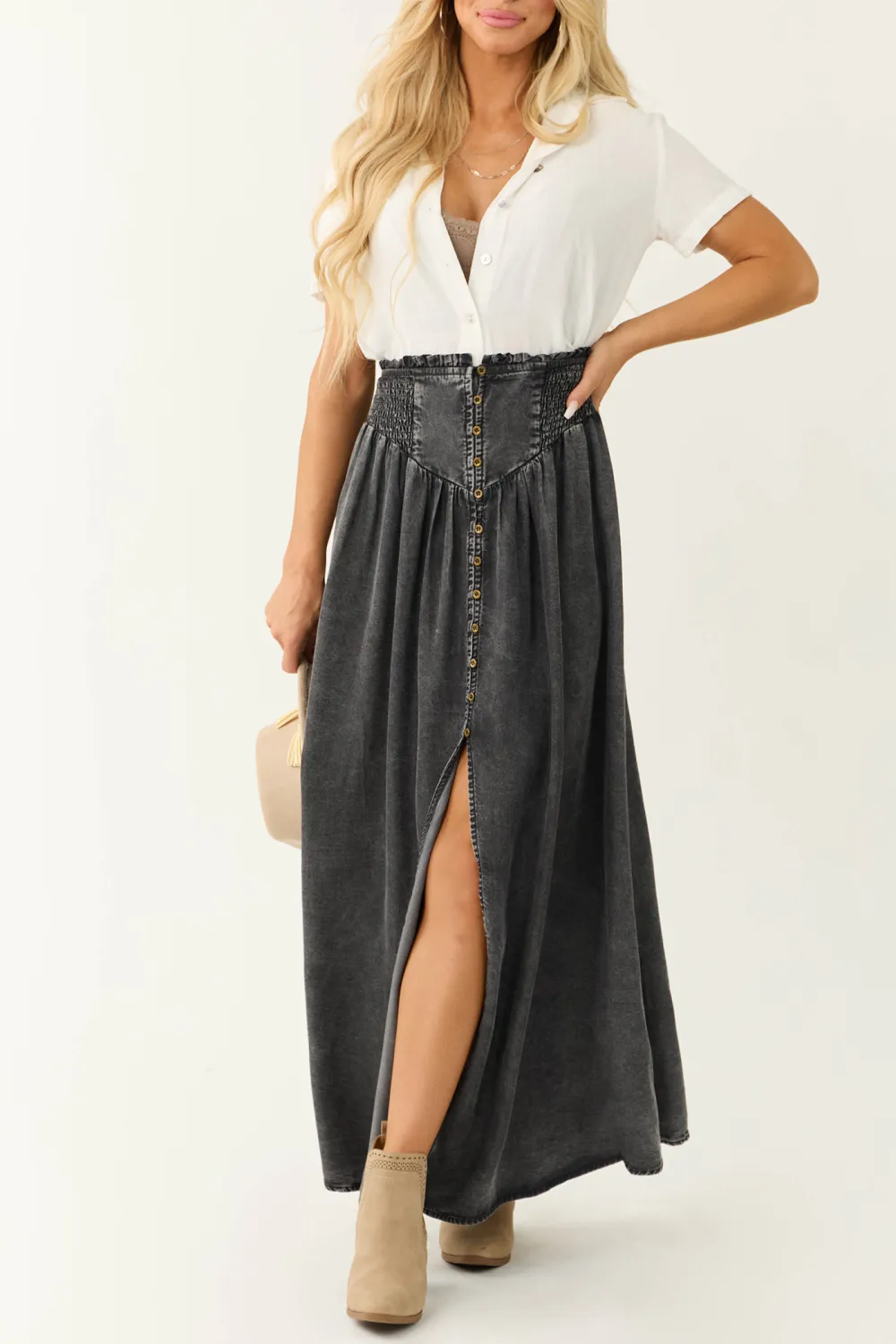 Graphite Acid Washed Denim Smocked Maxi Skirt