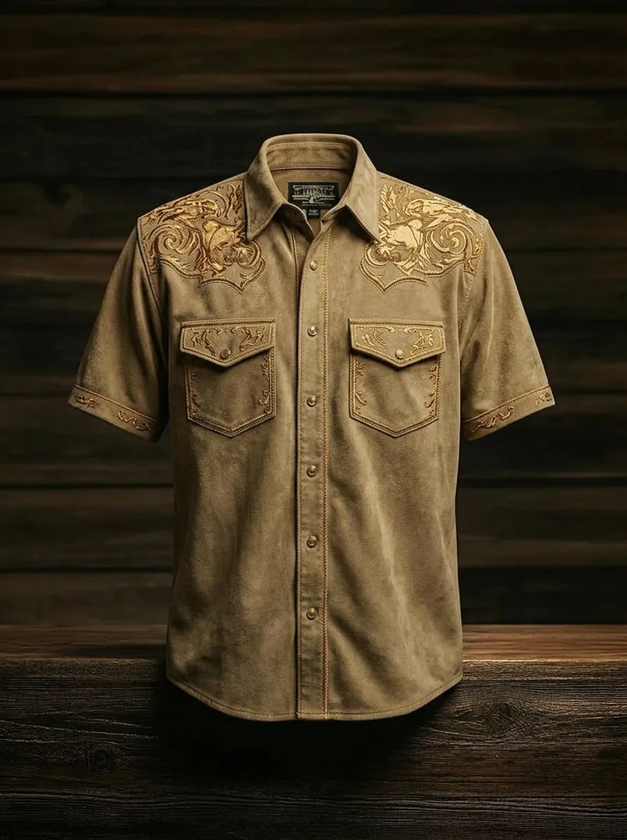 Men's Western Cowboy Gold Floral Embroidered Suede Printed Shirt