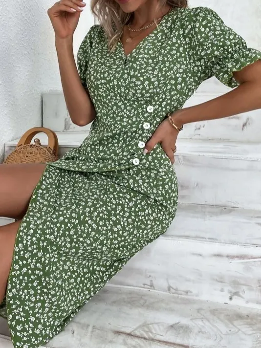 Women Vacation Floral Print V Neck Button Dress