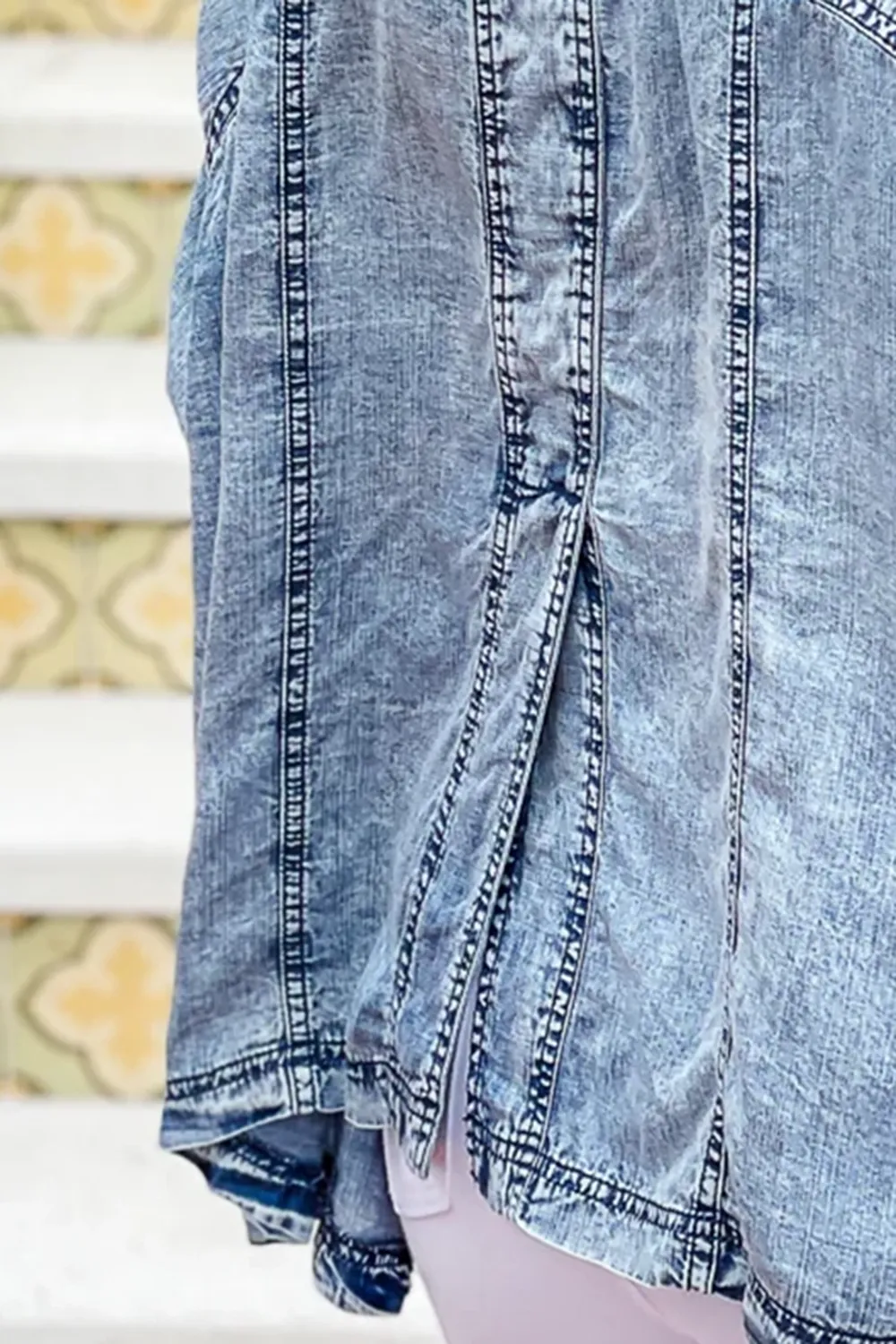 Distressed Denim Long Sleeve Top