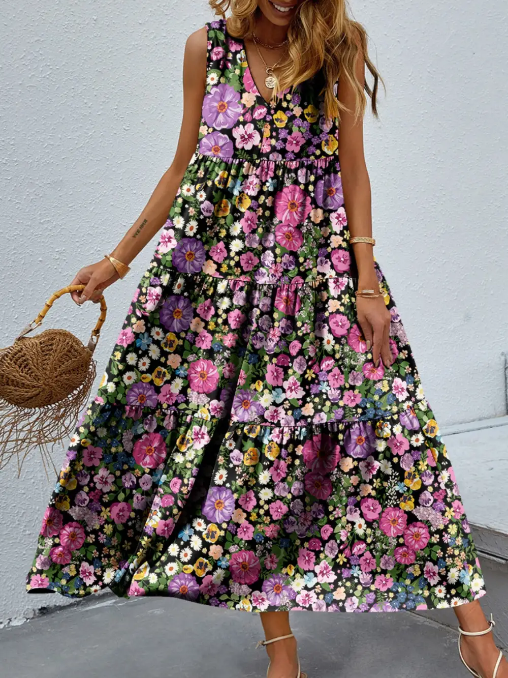 Boho Chic  Tiered Printed V-Neck Sleeveless Dress