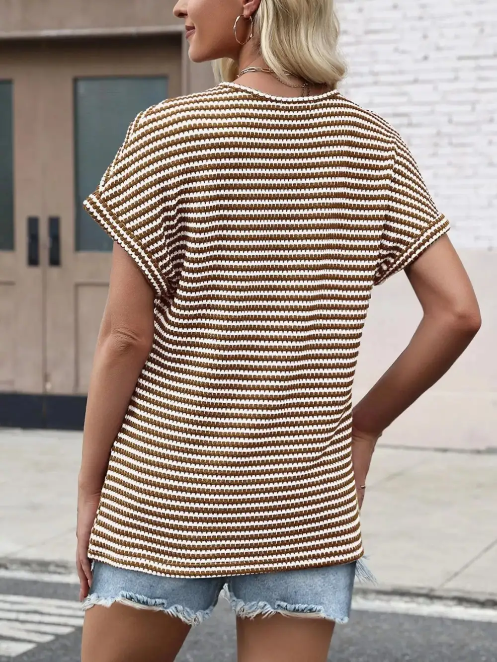 Striped V Neck Relaxed Fit T Shirt