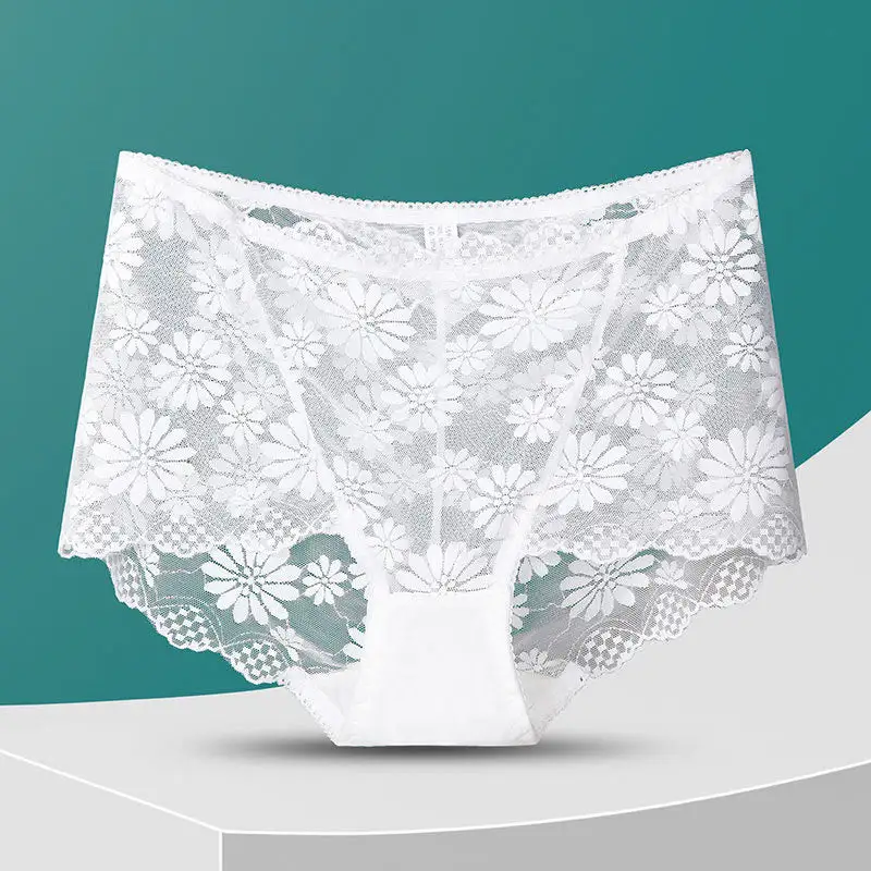 Plus Size High Waist Lace Trim Breathable Panty