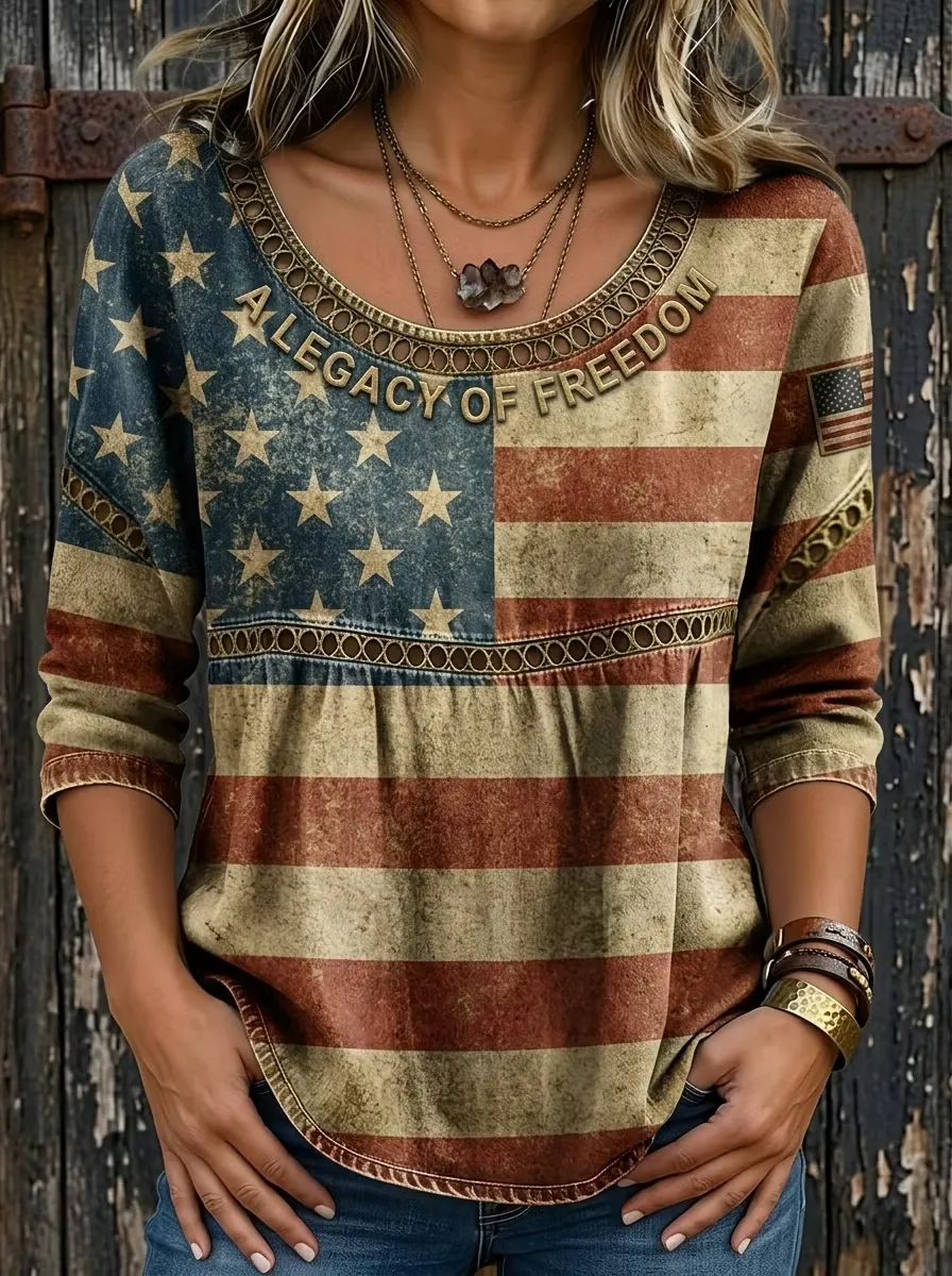 Vintage Independence Day Printed Casual Hollow Denim Shirt