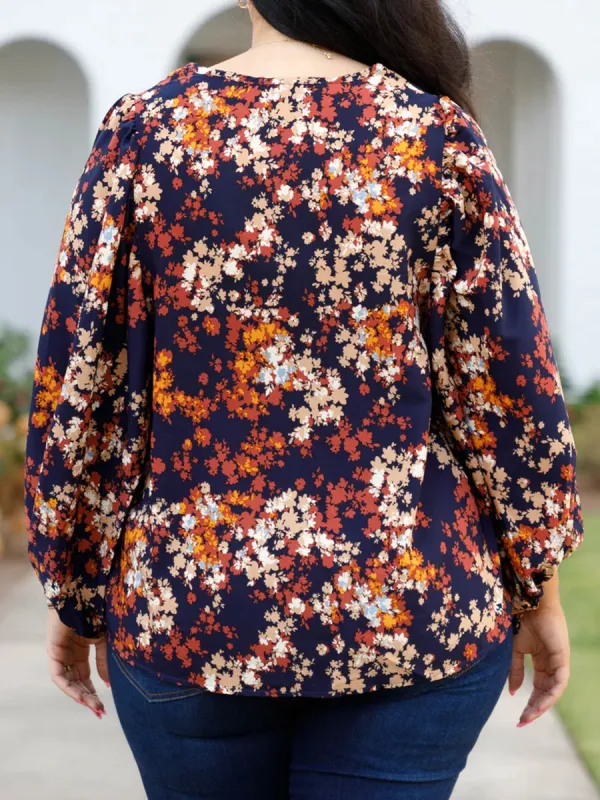 Floral pattern V-neck lantern sleeve shirt