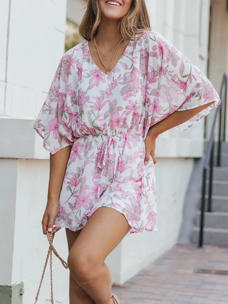 Sexy pink floral waist romper