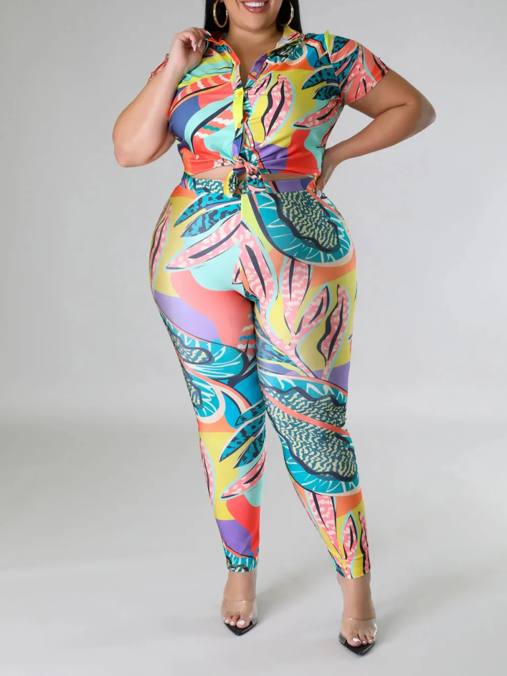 Plus Size Women'S Fashionable Tropical Botanical Print Leggings Set