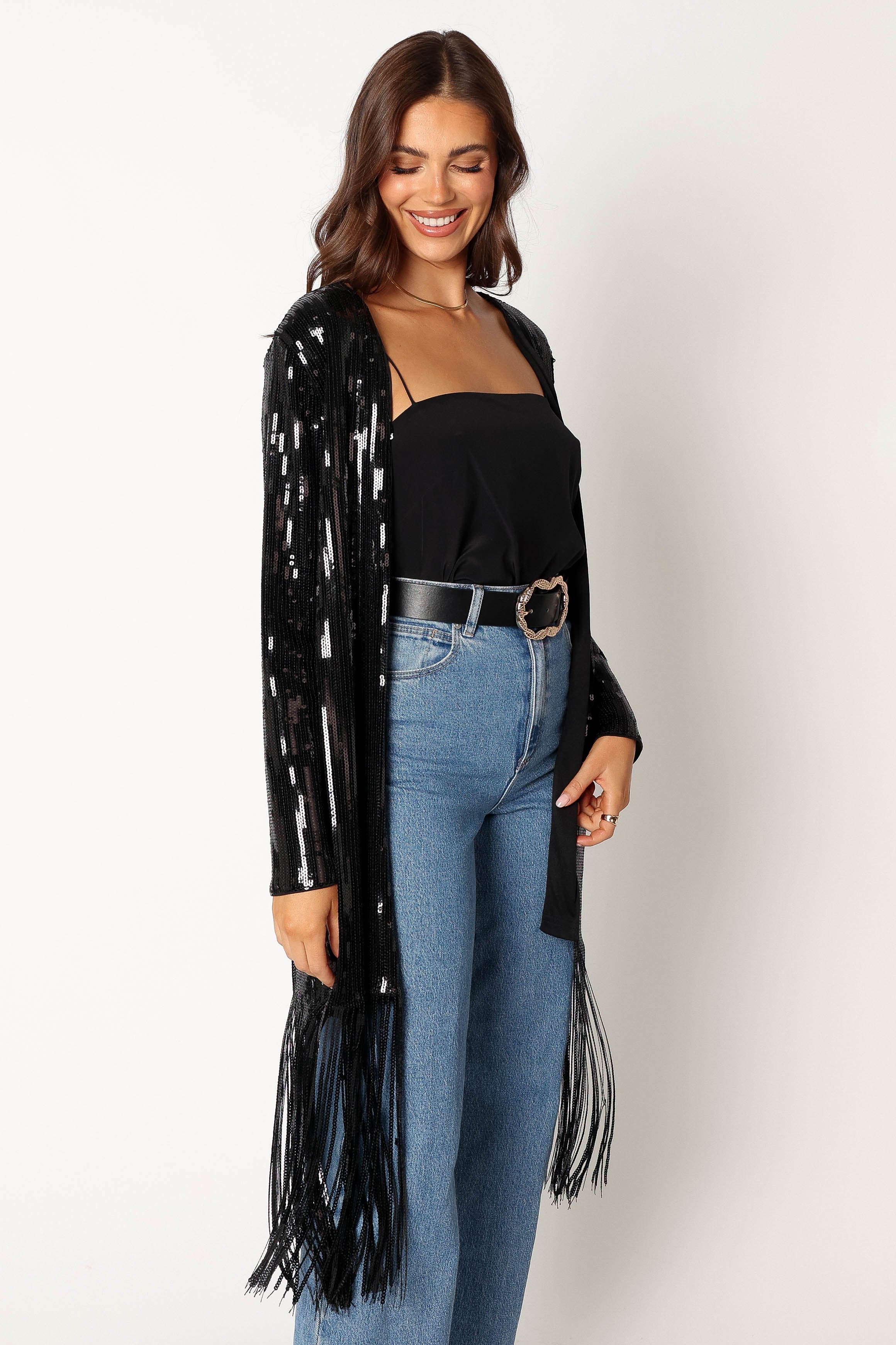 Miriam Sequin Fringe Duster - Black