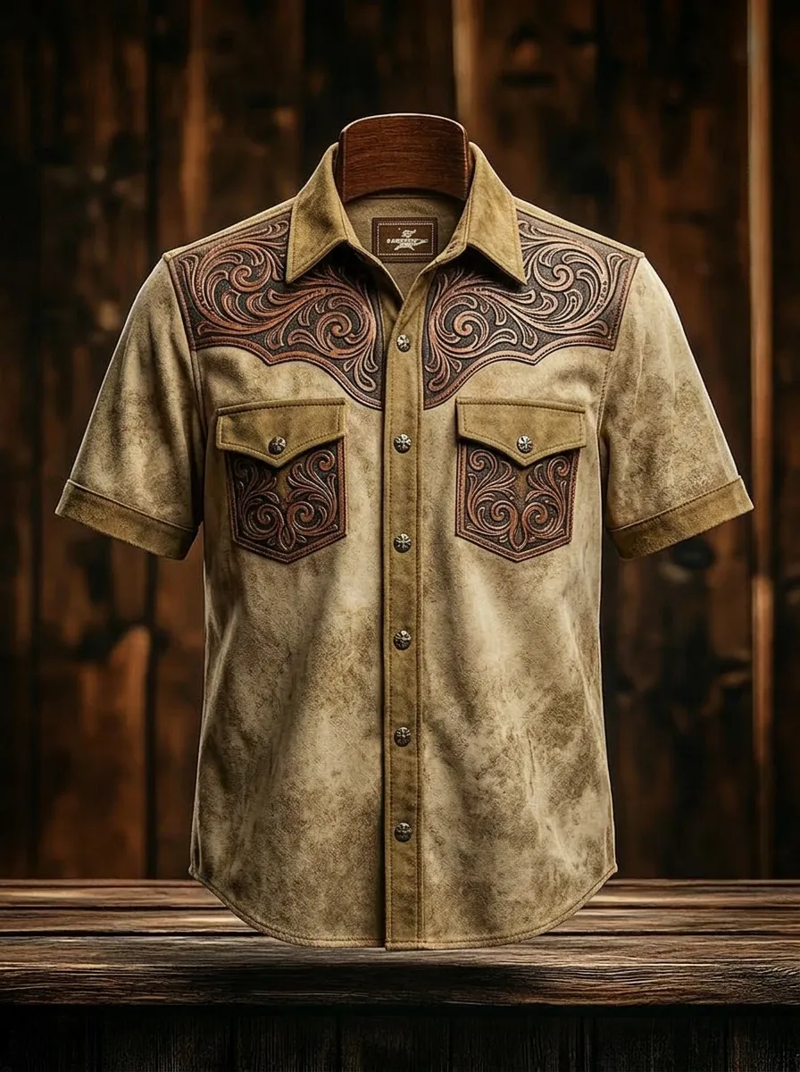 Men's Western Cowboy Tooled Leather Pattern Printed Shirt