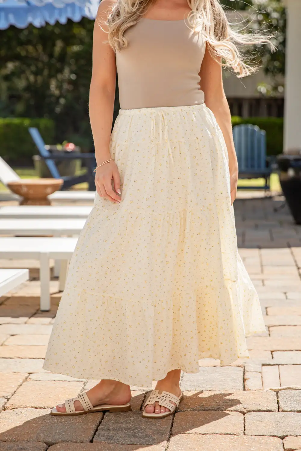 Resort Mid Rise Elastic Waist Tiered Maxi Skirt