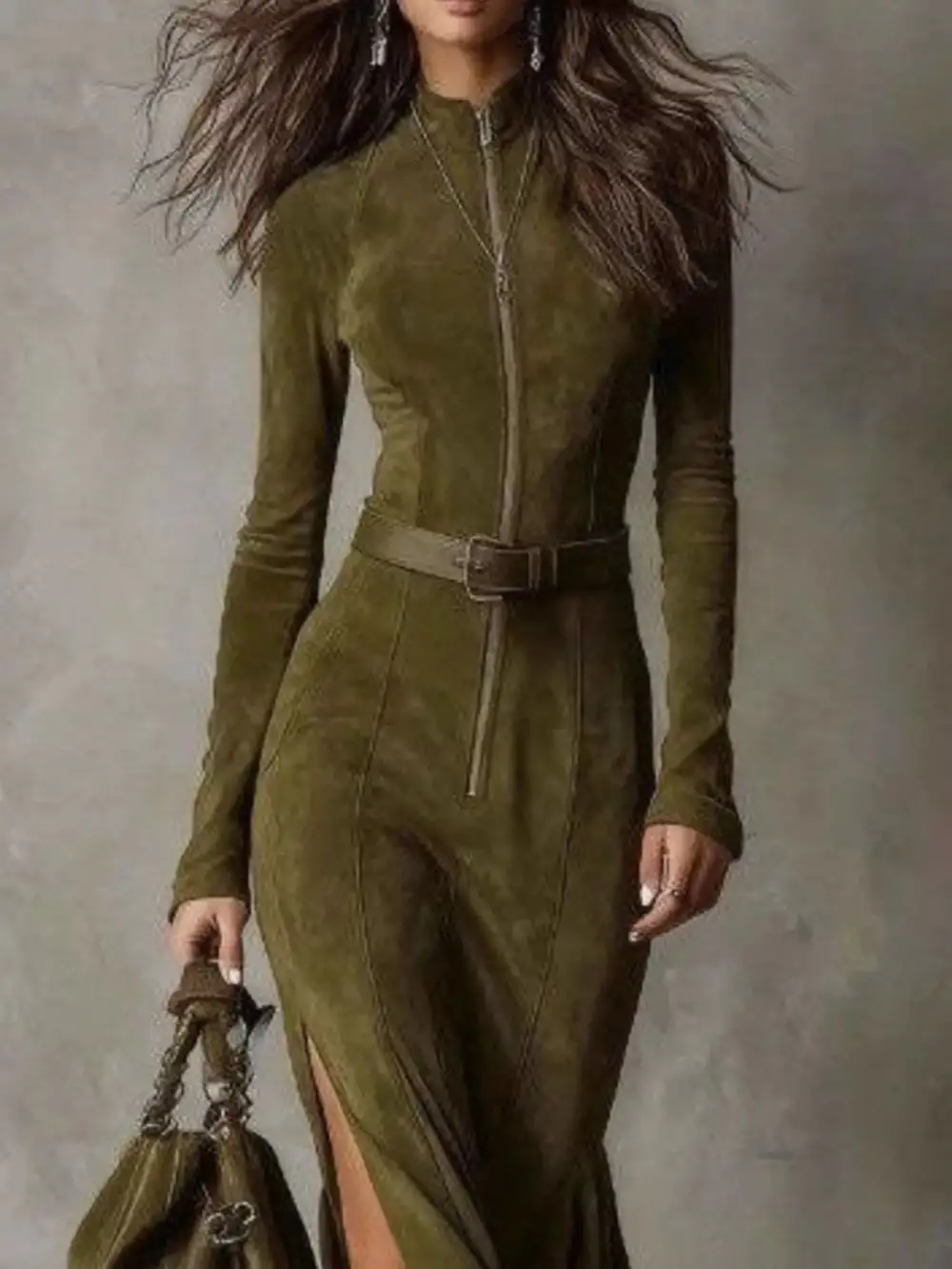 Zip Front Slit Long Sleeve Dress Casual